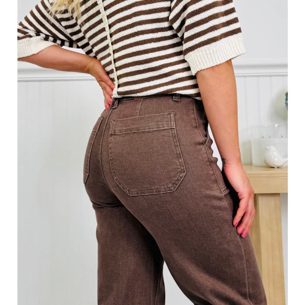 Judy Blue Box of Chocolates Retro Wide Jeans High Rise Brown Size 0/24 Stretch - Picture 2 of 16